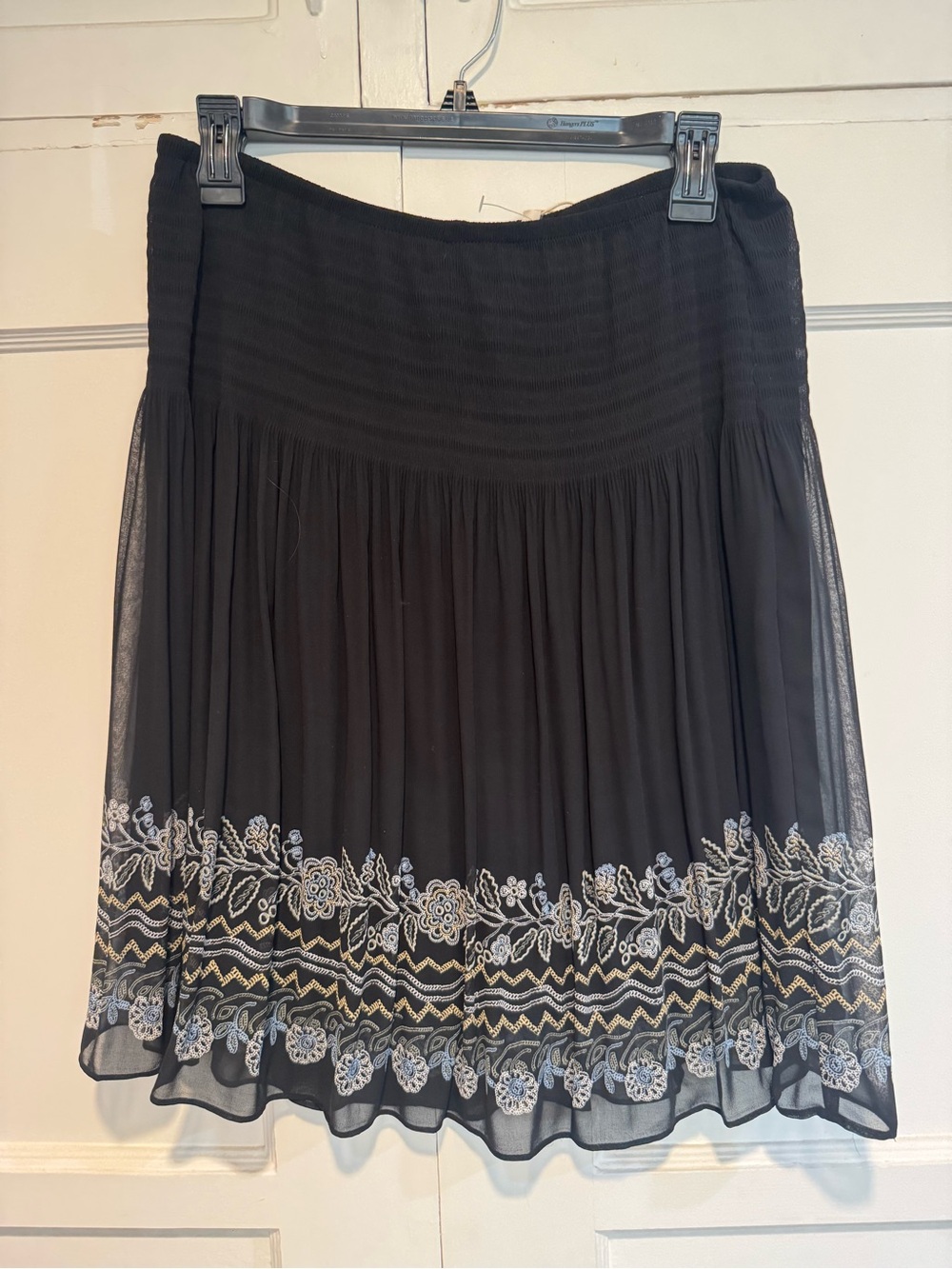 Max Studio Black Circle Skirt with White & Gold Floral Embroidery